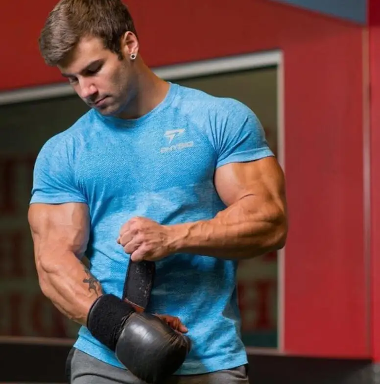 Мужская футболка для тренажерных залов короткая хлопковая бодибилдинга фитнеса