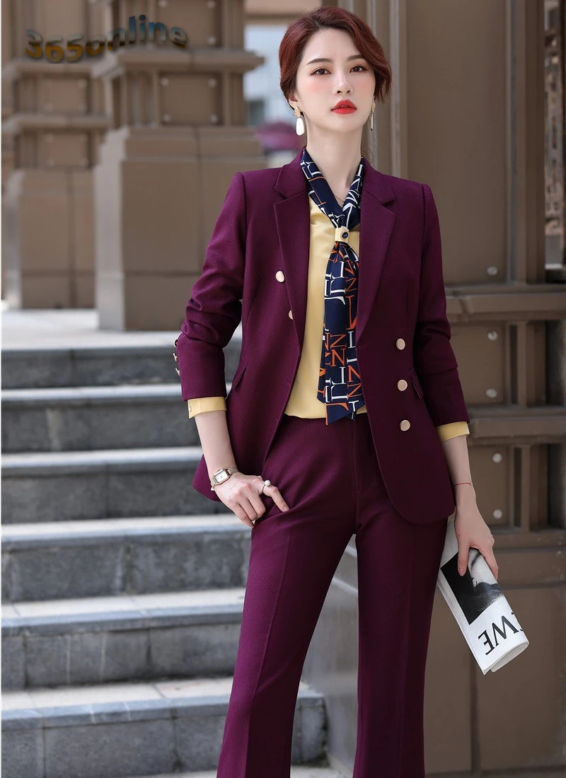 

Autumn Winter High Quality Fabric Formal Women Business Suits with Pants and Jackets Coat Female Pantsuits Career Blazers Set