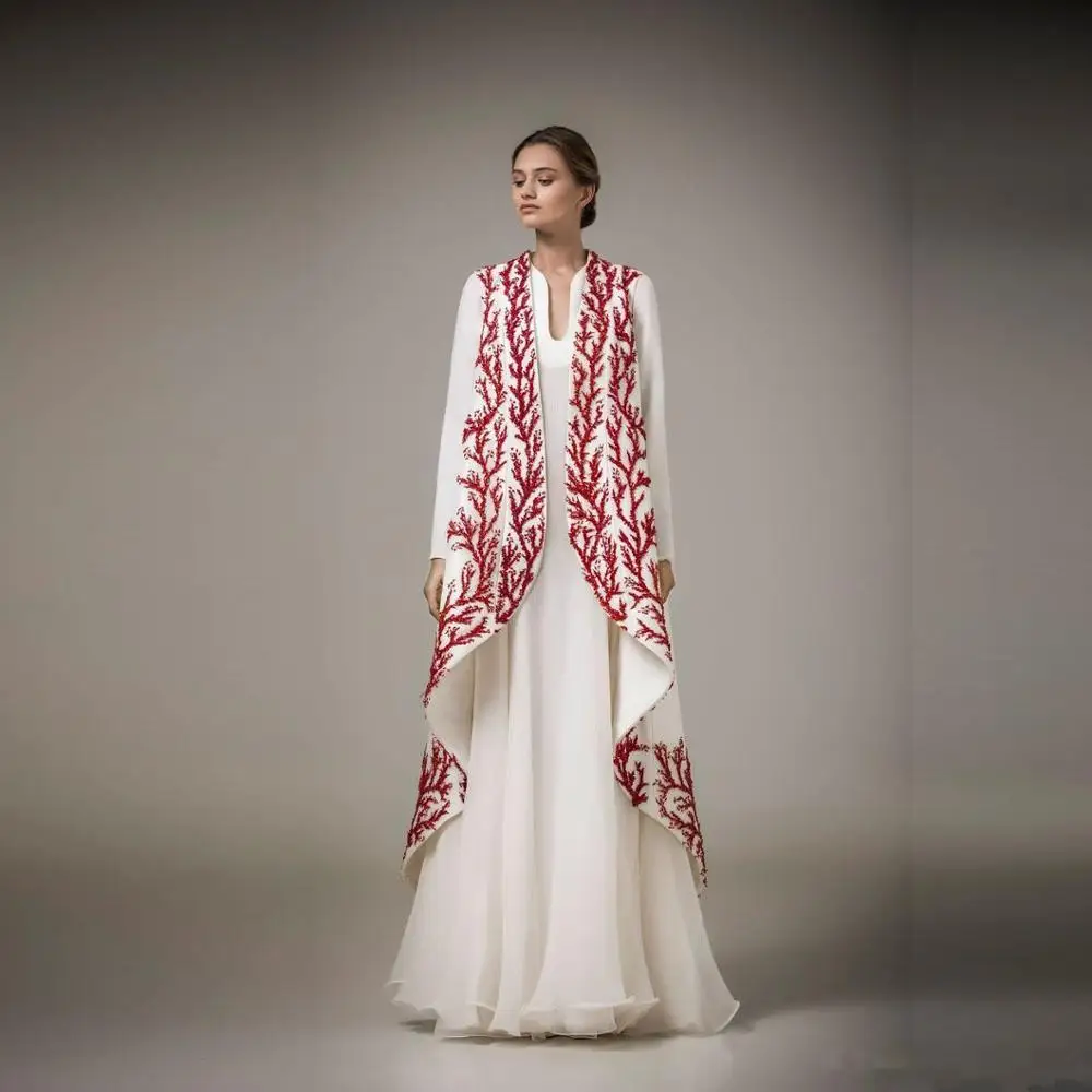 Arabic Dubai Kaftans Evening Dresses Muslim Red Embroidery Long Sleeve Floor Length Party Gowns Evening Wear Custom Made