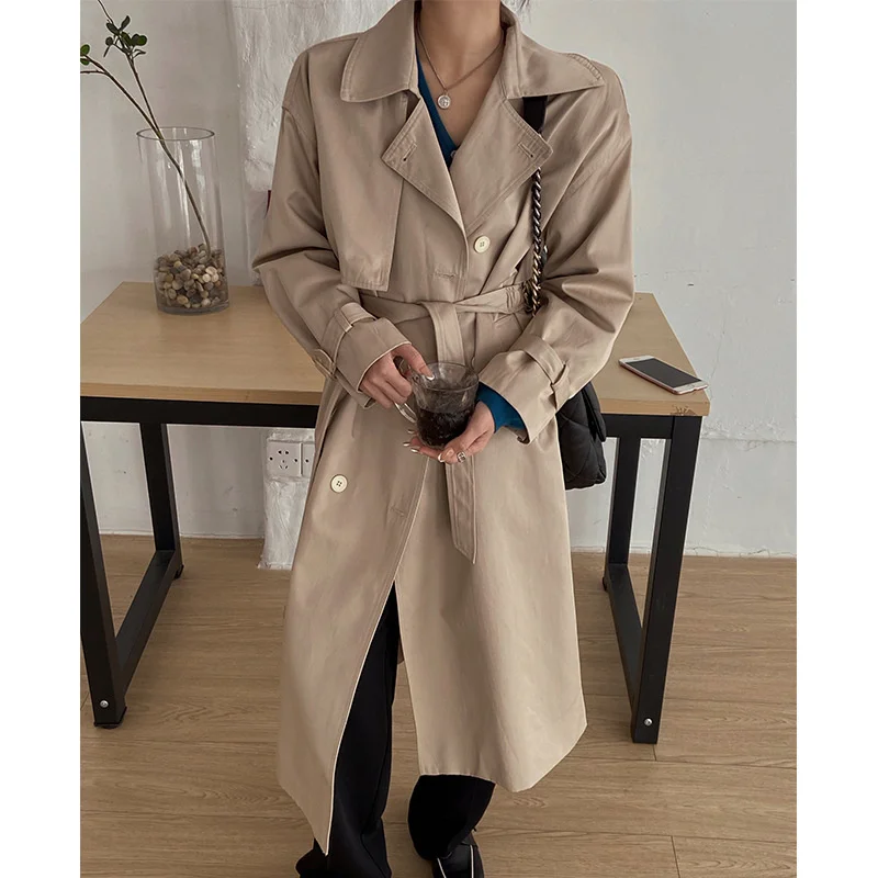 

High sense British style medium and long windbreaker women's new Korean loose lace casual coat in autumn 2021