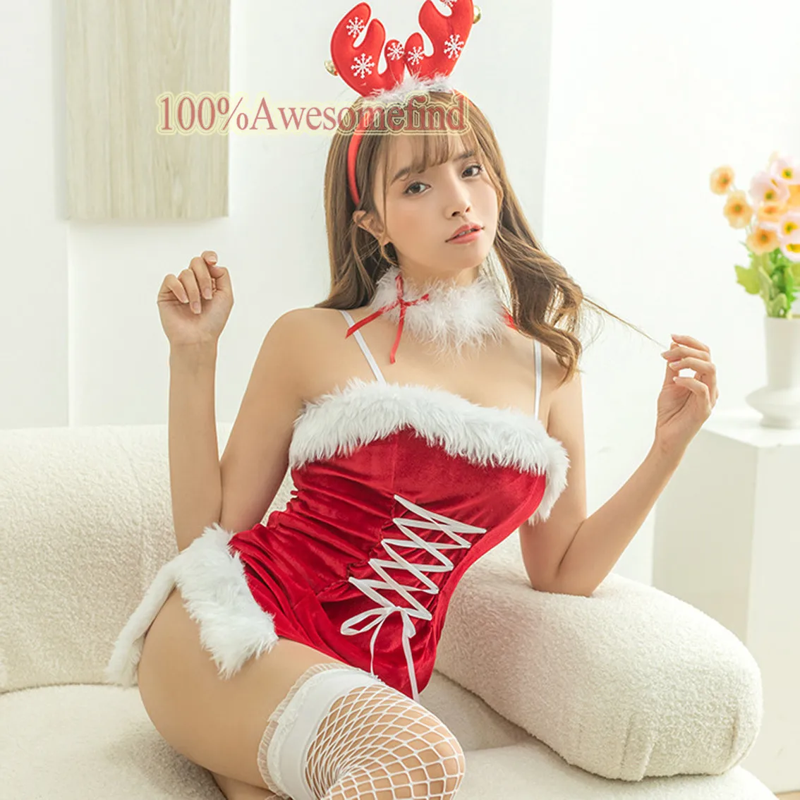 

Women Christmas Lady Santa Claus Cosplay Costume Winter Spaghetti Strap Dress with Socks Sexy Lingerie Maid Bunny Girl Uniform
