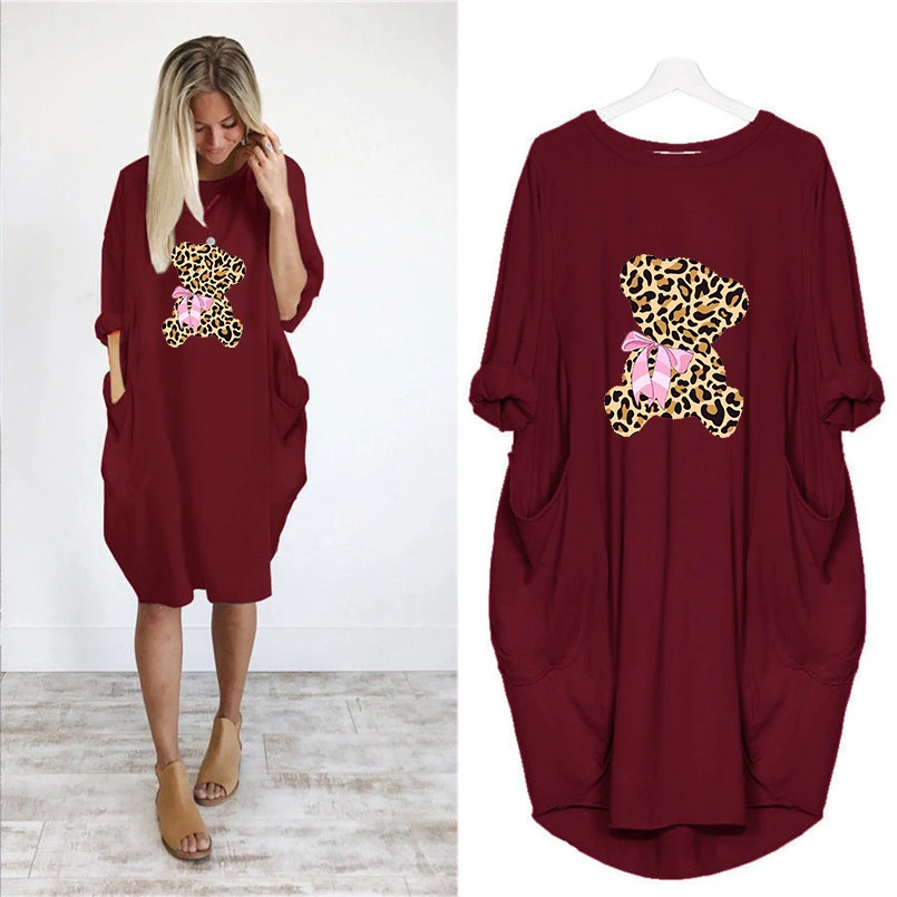 Женское леопардовое винтажное вечерние средней длины с карманами и принтом