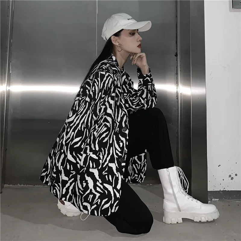 

Harajpoo Women Blazers 2021 Spring Autumn Korean INS Sexy Temperament Ladies Loose Casual Zebra Pattern Niche Design Suit Jacket