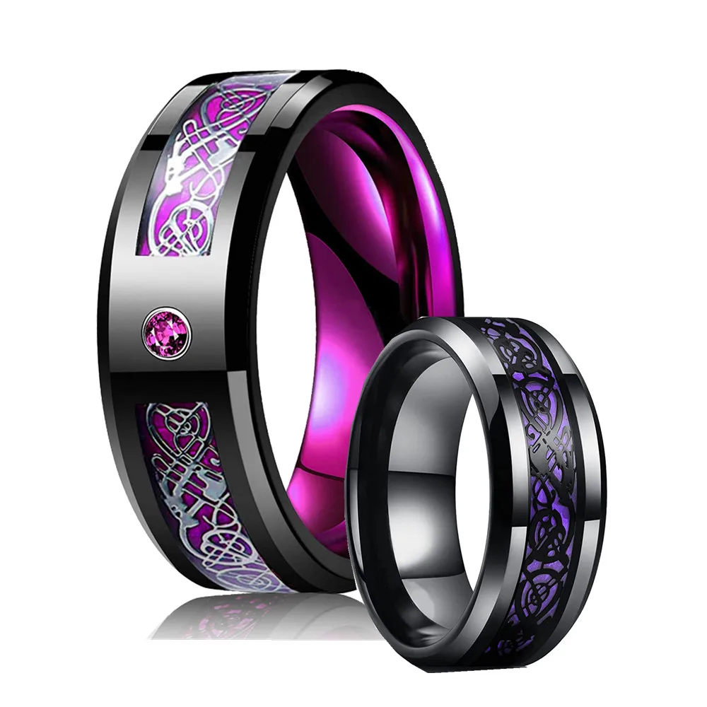 Classic Mens Black Tungsten Celtic Dragon Ring Inlay Purple Zircon Stainless Steel Purple Carbon Fibre Ring For Men Wedding Band