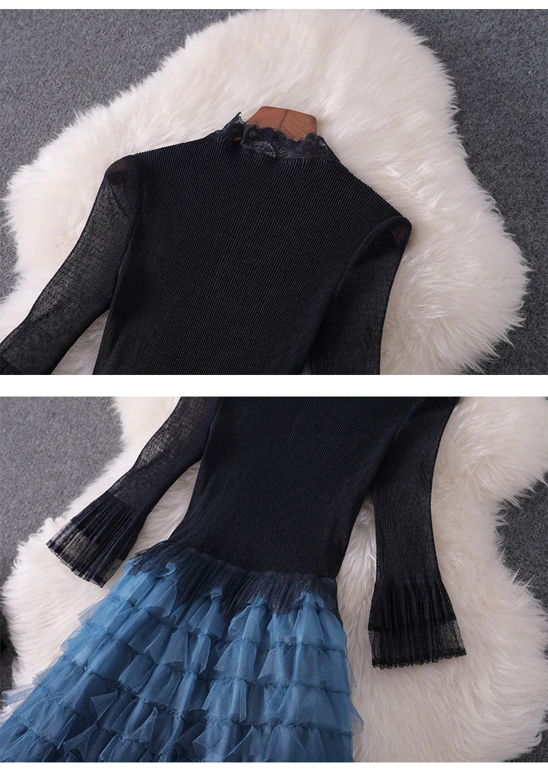 Women fashion autumn winter ruffles dress lace inset falre sleeve fit and flare cute dresses new blue