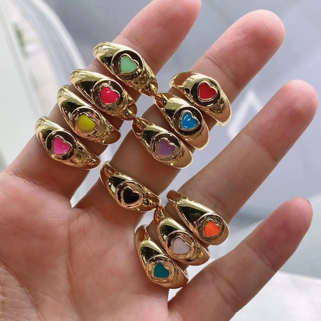 

10PCS, Golden Enamel Heart Ring For Woman Girls Heart Charm Colorful Opening Ring Adjustable Delicate Ring Enamel Jewelry