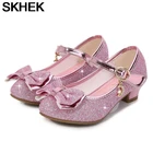 SKHEK принцесса детские кожаные туфли для девочек цветочные повседневные блестящие детские туфли на высоком каблуке для девочек с бантом-бабочкой синие розовые серебряные