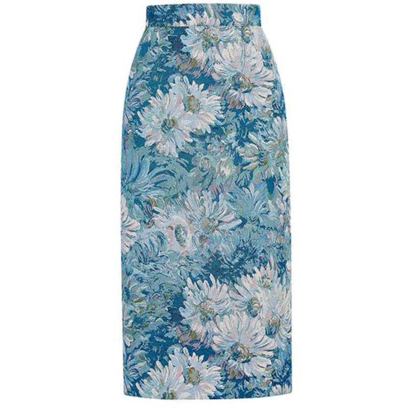 

LANMREM 2021 Autumn New High Waist Hem Split Floral Print Mid-calf Length Korean Style Blue Skirt For Women Fashion Tide 2A2193