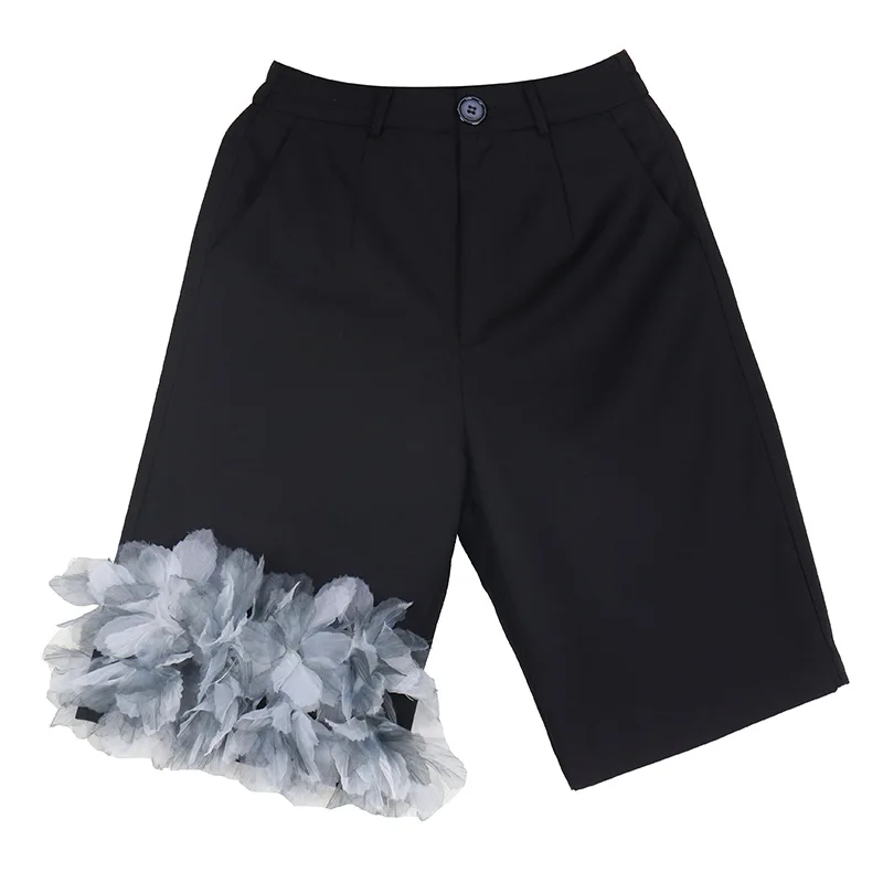 

2021 Summer New Three-Dimensional Decoration Stitching Flower Shorts Women's Wide-Leg Pants Cropped Pants Casual Suit Pants