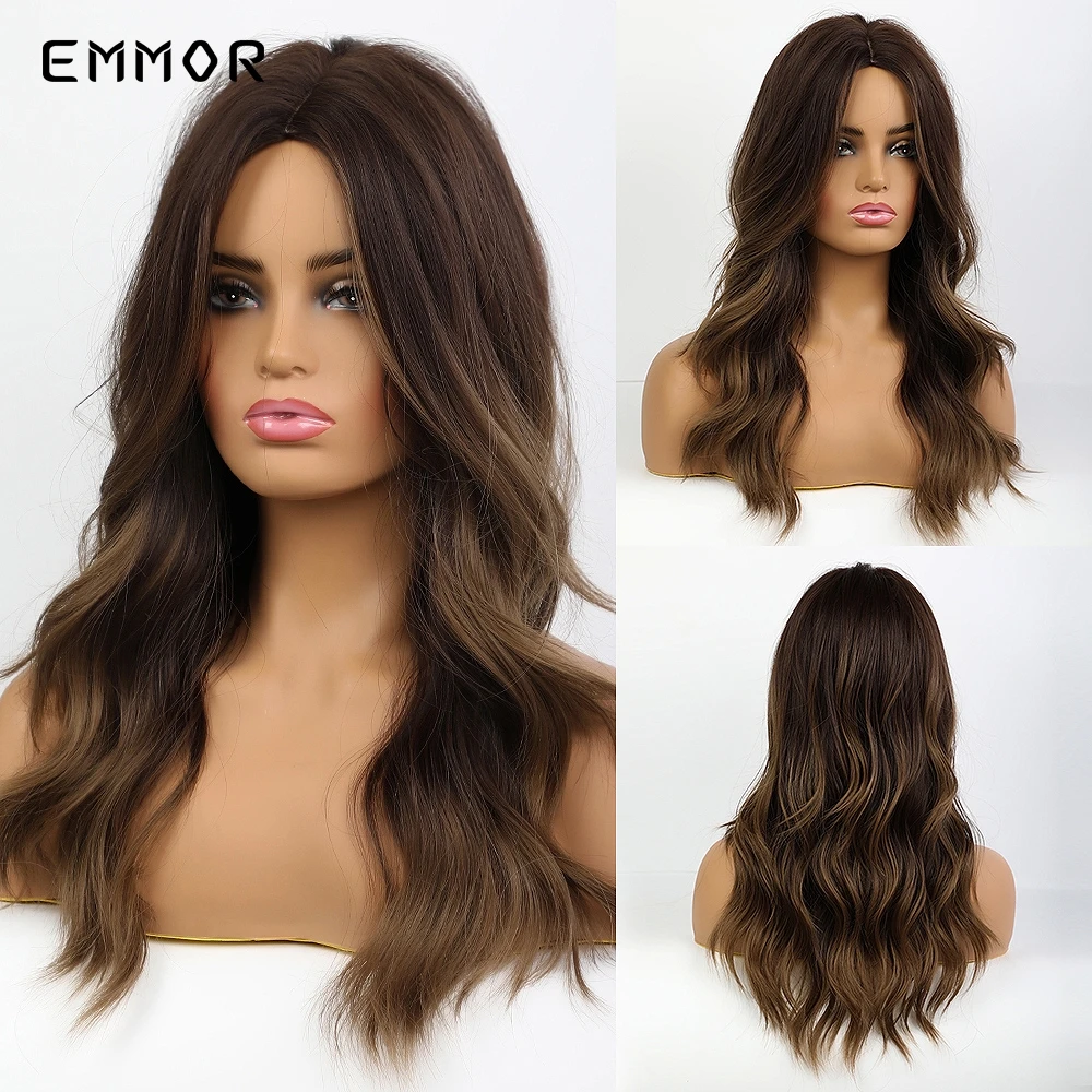 

Emmor Long Light Cool Brown Highlight Dark Blonde Wavy Synthetic Hair Wigs High Temperature Layered Daily Ombre Wig for Women