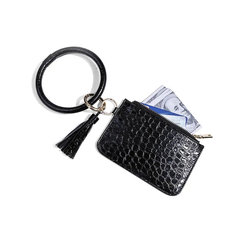 

O Keychain Circle Card Bag For Women Girls Flower Leafs Wallet PU Leather Tassel Wristlet Keyring Key Chain Jewelry Accessories