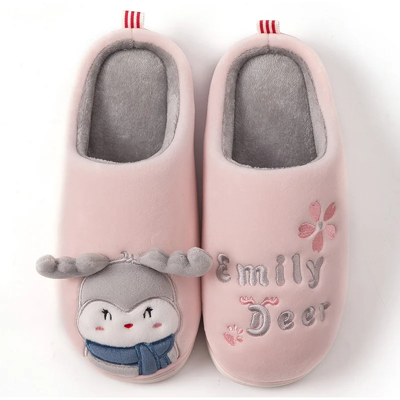 Women Home Flat Slippers Indoor Shoes Female Slip On Cute Cartoon Deer Furry Warm Ladies Christmas Woman Shoes Soft Footwear