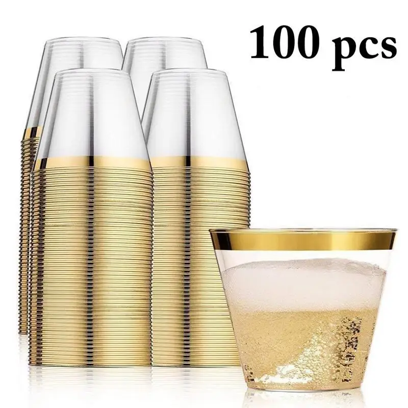 100pcs Одноразовые золотые розовые пластиковые чашки прозрачные одноразовые чашки набор золотые розовые Золотые Бронзовые чашки для свадебной вечеринки Питьевая утварь - Цвет: 100pcs