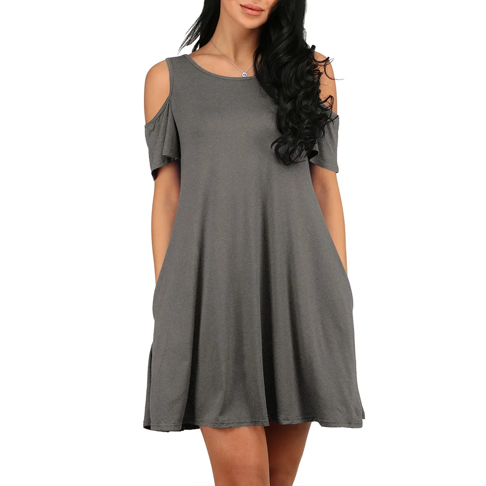 

Womens Cold Shoulder Summer Short Sleeve Mini Dress Solid Color Loose Causal Vestido A-line Pockets Sundress
