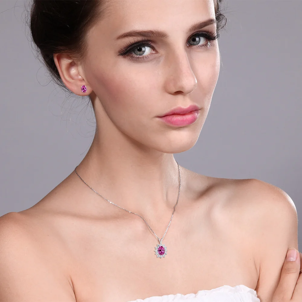 GemStoneKing 3 09 карат Овальный розовый сапфир кулон серьги набор из стерлингового