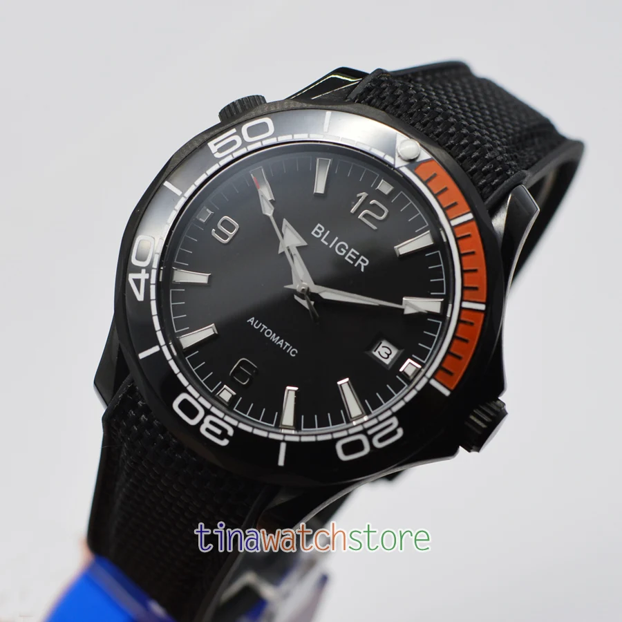 Bliger 41 мм автоматические механические мужские часы черный циферблат роскошный