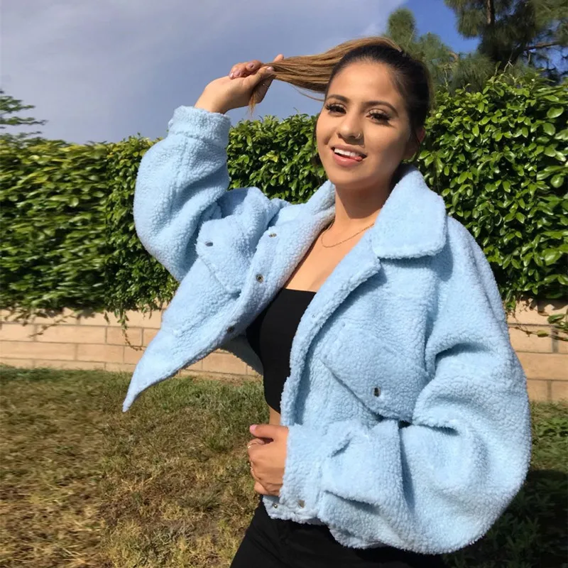 

Winter Warm Soft White Velvet Short Jacket Ladies Casual Long Sleeve Turn-Down Collar Fleece Coat With Pockets Blue Coats