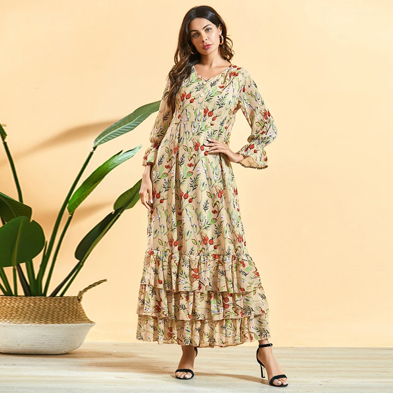 Женское шифоновое платье Siskakia длинное абрикосового цвета на пуговицах с V