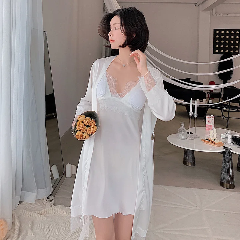

Satin Sexy Kimono Robe Gown Women 2PCS Nighty&Bathrobe Suit Sleepwear Nightdress Lace Patchwork Home Clothes Intimate Lingerie