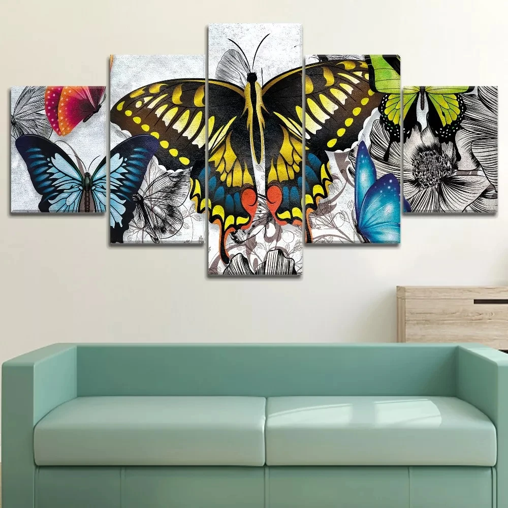 

5 Piece Colorful Artistic Butterfly Animal Painting High Quality Canvas Print Modular Retro Style Poster Home Decorative Wall