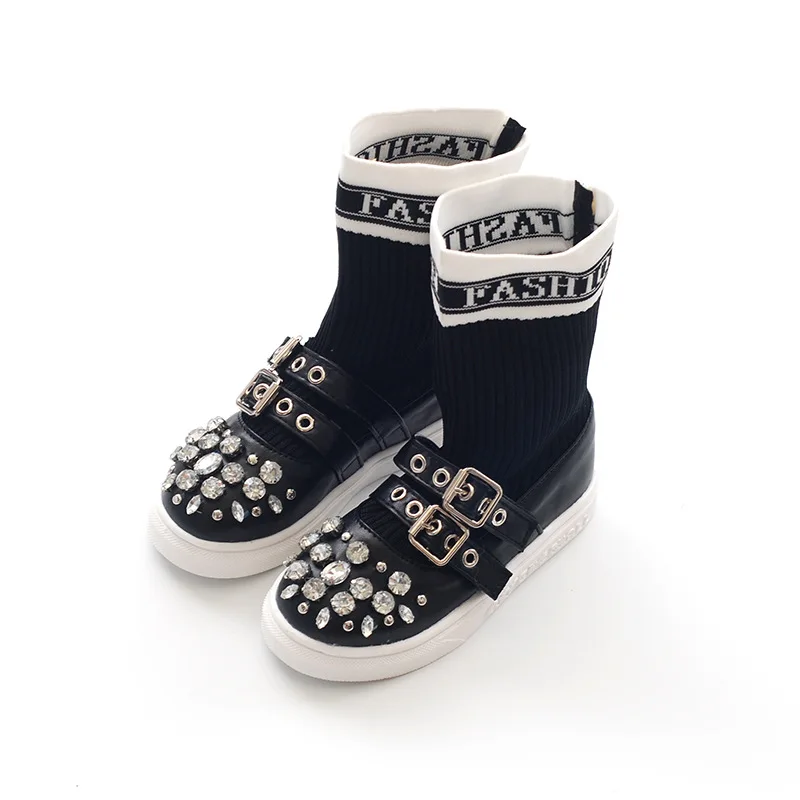 Ботинки для девочек Осенние вязаные стразы детские высокие ботинки кроссовки