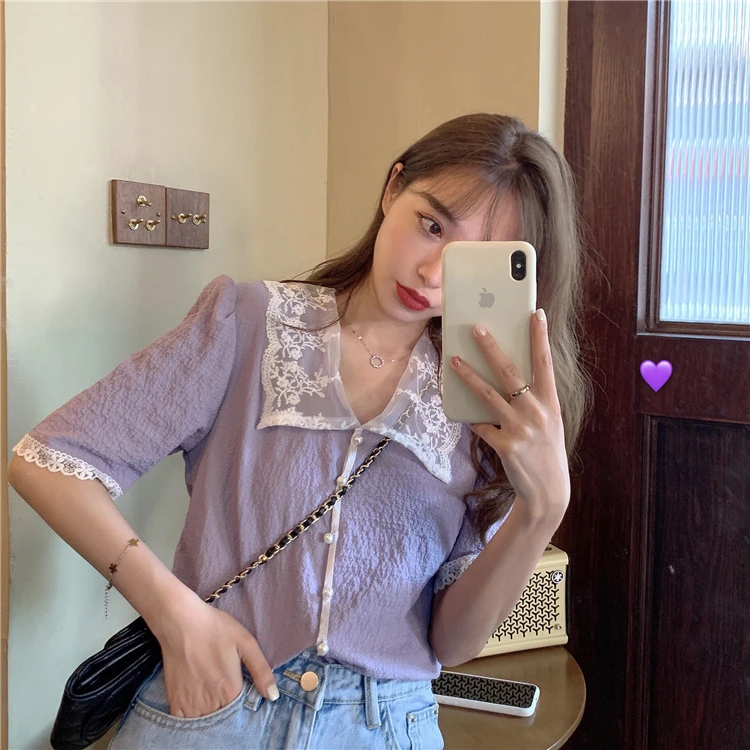 

Korean Clothes Lace Up Blouses Ladies Tops Sweet Style Summer Peter Pan Collar Chic Shirts Fashion Woman Blusas Mujer De Moda