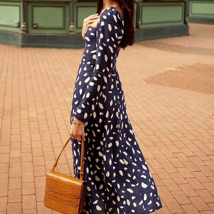 

Summer Vintage Floral Print Dress Women Square Collar Long Sleeve Long Dress Side Split A-Line Dress 2021 New Vacation Sundress