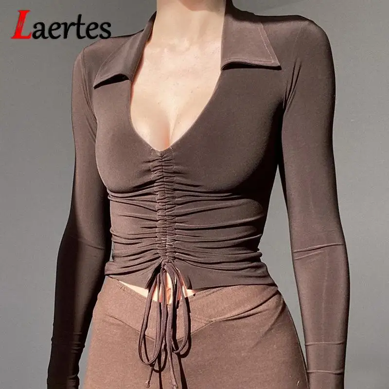 

Laertes пикантная укороченная Женская Осенняя коричневая Однотонная футболка с V-образным вырезом и завязкой спереди тонкая Базовая белая Эле...