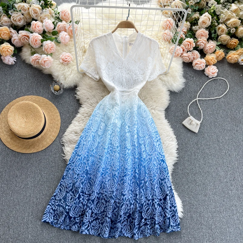 

Zcwxm 2021 Summer Women Maxi Dress High Quality Elegant Lace V-neck Female A-line Slim Gradient Design Party Dress Plus Size