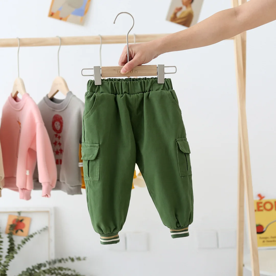 Зеленый WLG boys girls witner pants kids velvet thick green khaki beige pant baby casual warm trouesrs children - Цвет: Зеленый