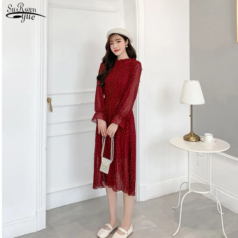 Винтажное женское шифоновое платье осеннее с длинным рукавом и Расклешенным