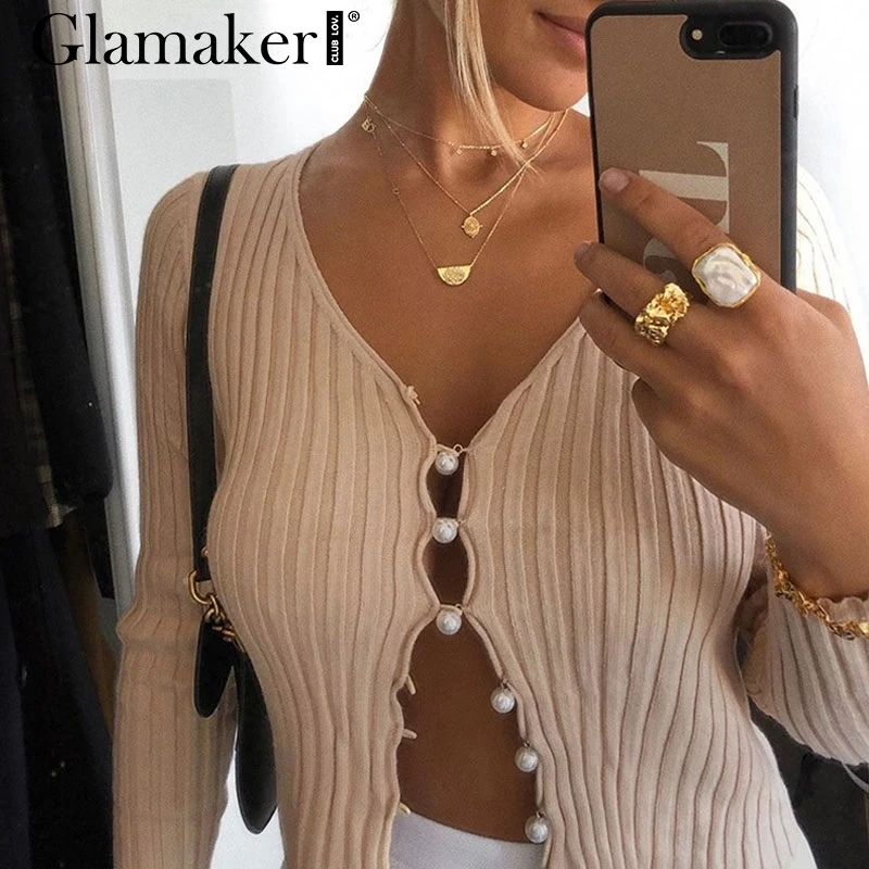 Glamaker, вязанная короткая блузка с v-образным вырезом, женская элегантная облегающая блуза на пуговицах с длинным рукавом, женские вечерние блузки на осень и зиму