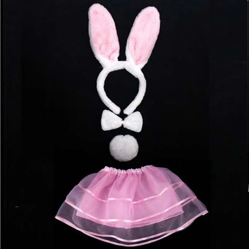 

Pink White Rabbit Ear Headband Bow Tie Tail Skirt Kids Girls Cosplay Costume Set For Children Party Christmas Xmas Halloween