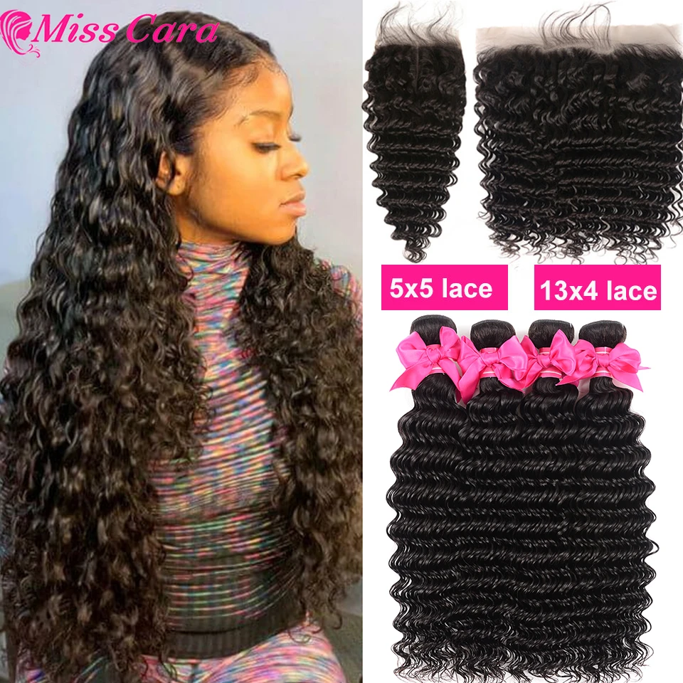 

Miss Cara Deep Wave Hair Bundles With Closure Peruvian Remy Human Hair Weaves With 5x5 Lace Closure Middle Part Transparent Lace
