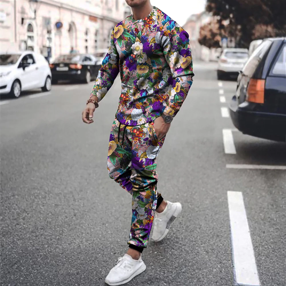 

Casual sportswear running men's suit 3D printing long-sleeved men's T-shirt + trousers quick-drying 2-piece suit