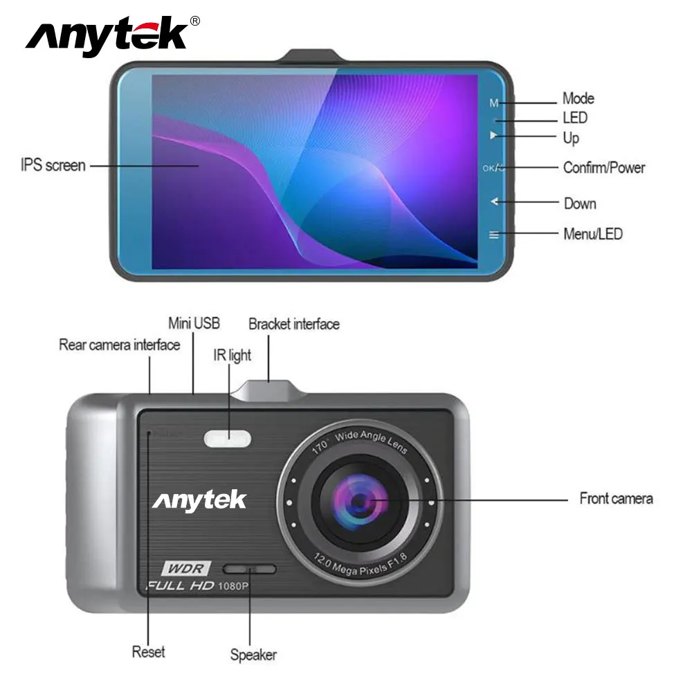 

Anytek A60 Car DVR Camera 1080P Dual Lens Rear View Camera 4 Inches Screen ADAS Night Vision Dash Cam Video Registrator DashCam
