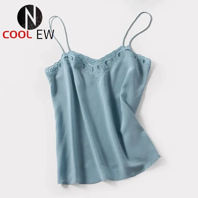 

Elfbop Sexy Silk & Hollow Out Embroidery Patchwork Camisole Top - Ladies White/Black/Blue Camis & Vests Top Embroidered Detail