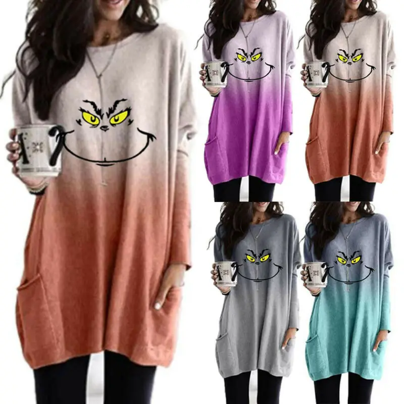 

Женские топы Harajuku Kwaii, женская одежда, свободная футболка с градиентным принтом, удобная туника с длинным рукавом и карманом