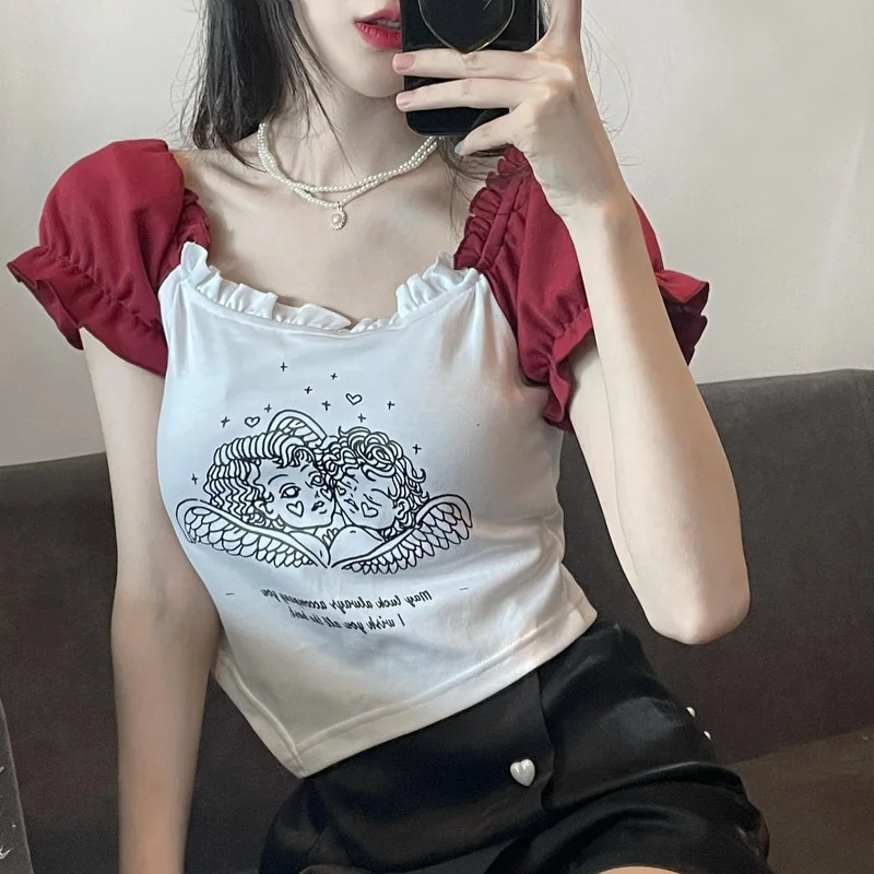 

Fernan Korean Style Angel Print T Shirt Women 2021 Summer Anime Cute Crop Top Kawaii Short Sleeve Graphic Tee for Girls Casual
