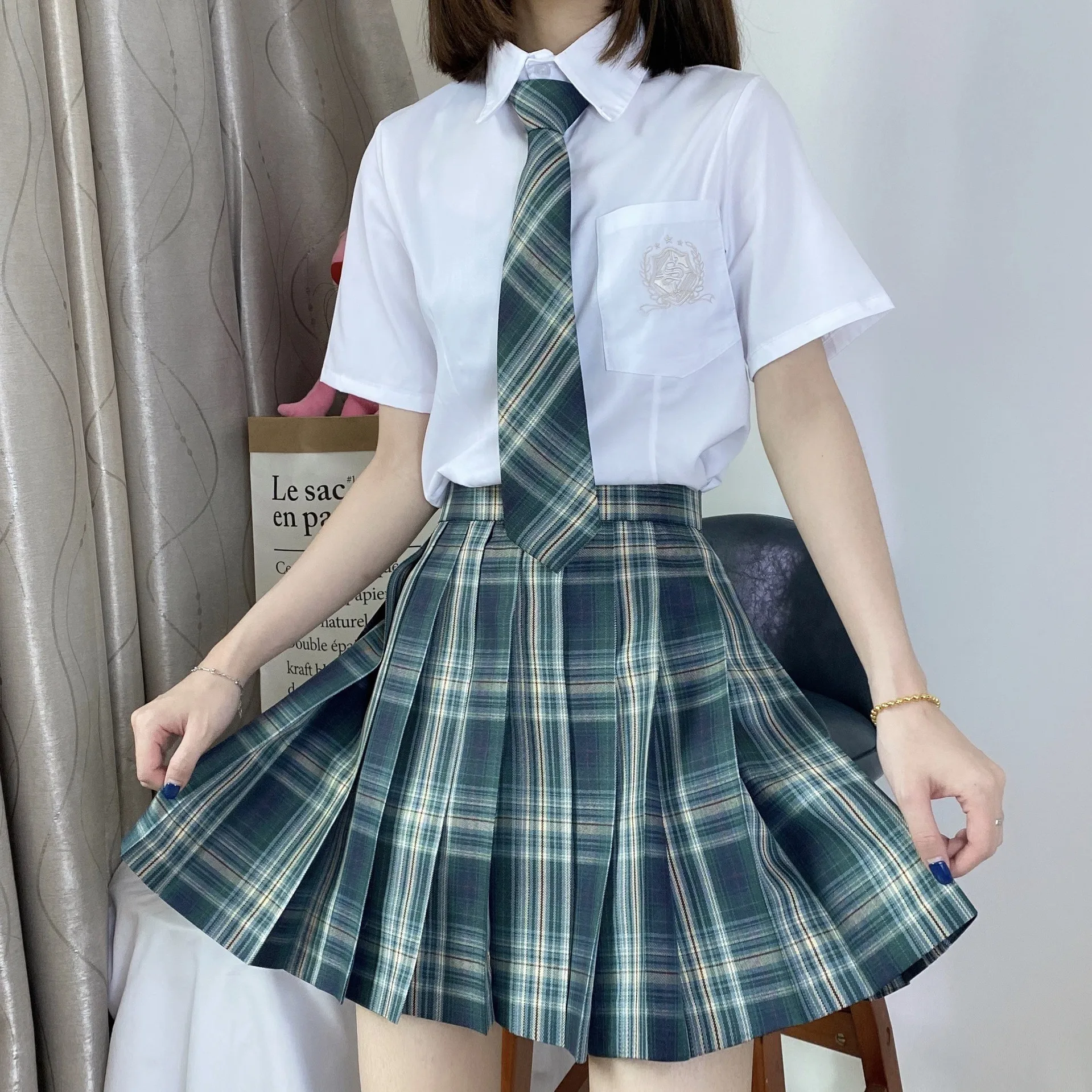 

[Letter From The Forest ] Girls Long/Short sleeve High Waist Pleated Skirts Plaid Skirts Women Dress JK School Uniform Students