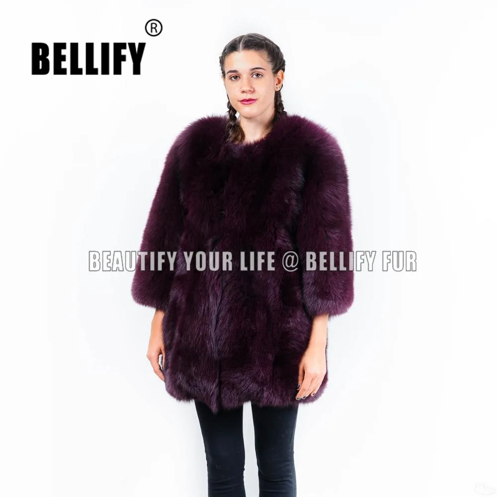 Женское винтажное пальто из натурального Лисьего меха с рукавом 3/4|Шубы и