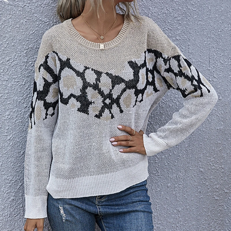 

Women Autumn Long Sleeve O-Neck Sweater Leopard Print Patchwork Loose Pullover Tops Side Split High Low Hem Knitwear Jumper Shir