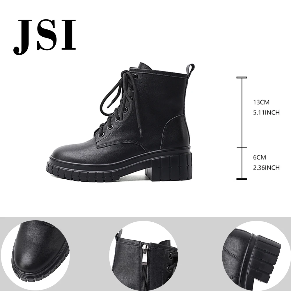 JSI Mid-calf Martin beige Boots Winter Woman Genuine Leather Low Heel Platform Ladies solid Pattern Cross-tied Shoes JO596 | Обувь