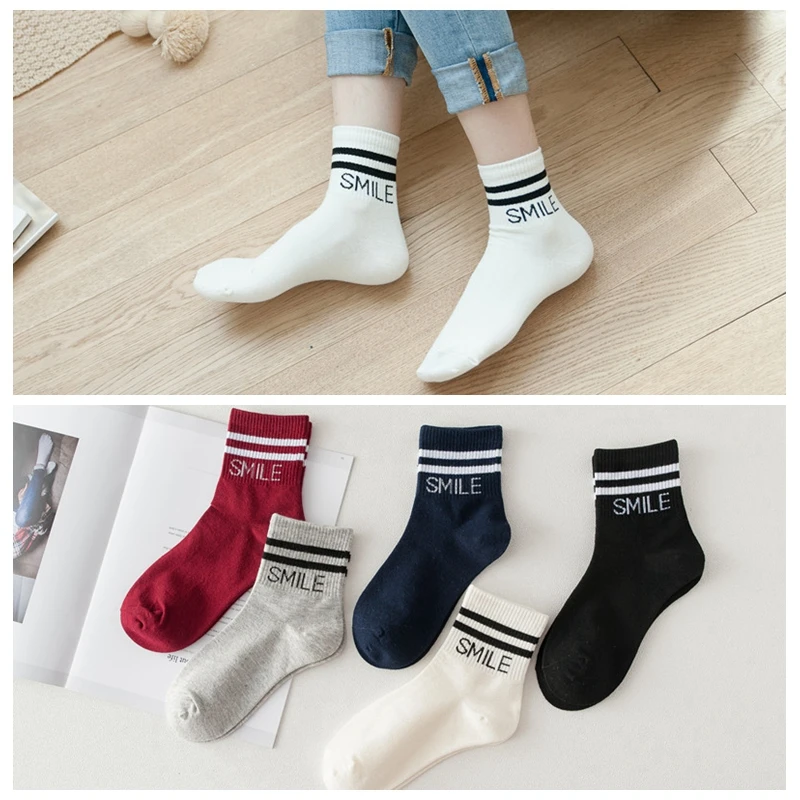 

Japanese Korean Style Smile Letter Solid color cotton Socks Women Preppy Stripes Hip Hop Skateboard Couple Ankle Sock Meias