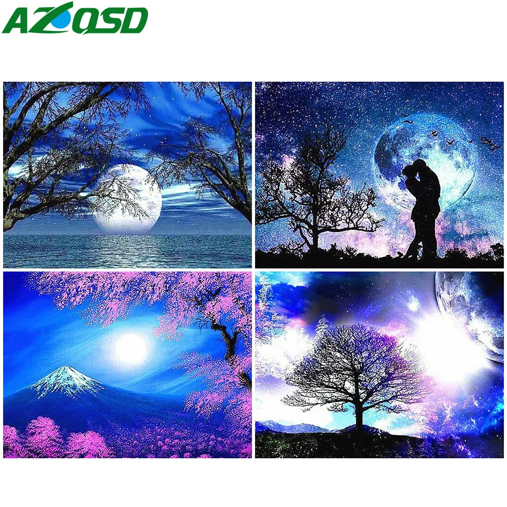 

AZQSD полная дрель Алмазная Живопись Вышивка крестом, дерево, луна картина Стразы Алмазная вышивка живописная Мозаика Декор для дома
