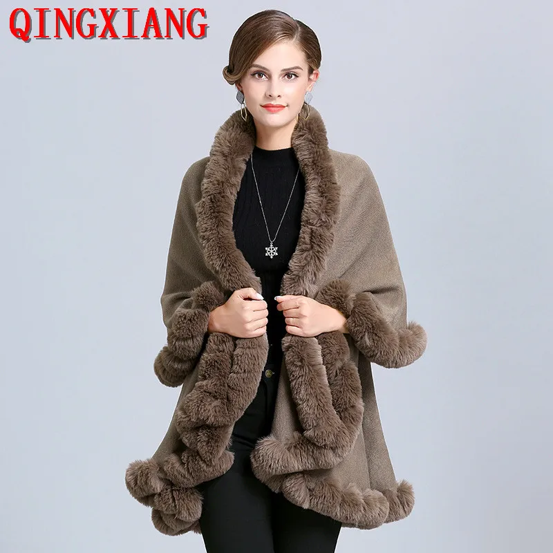 2019 черные теплые из искусственного лисьего меха длинный вязаный 2 Слои пончо