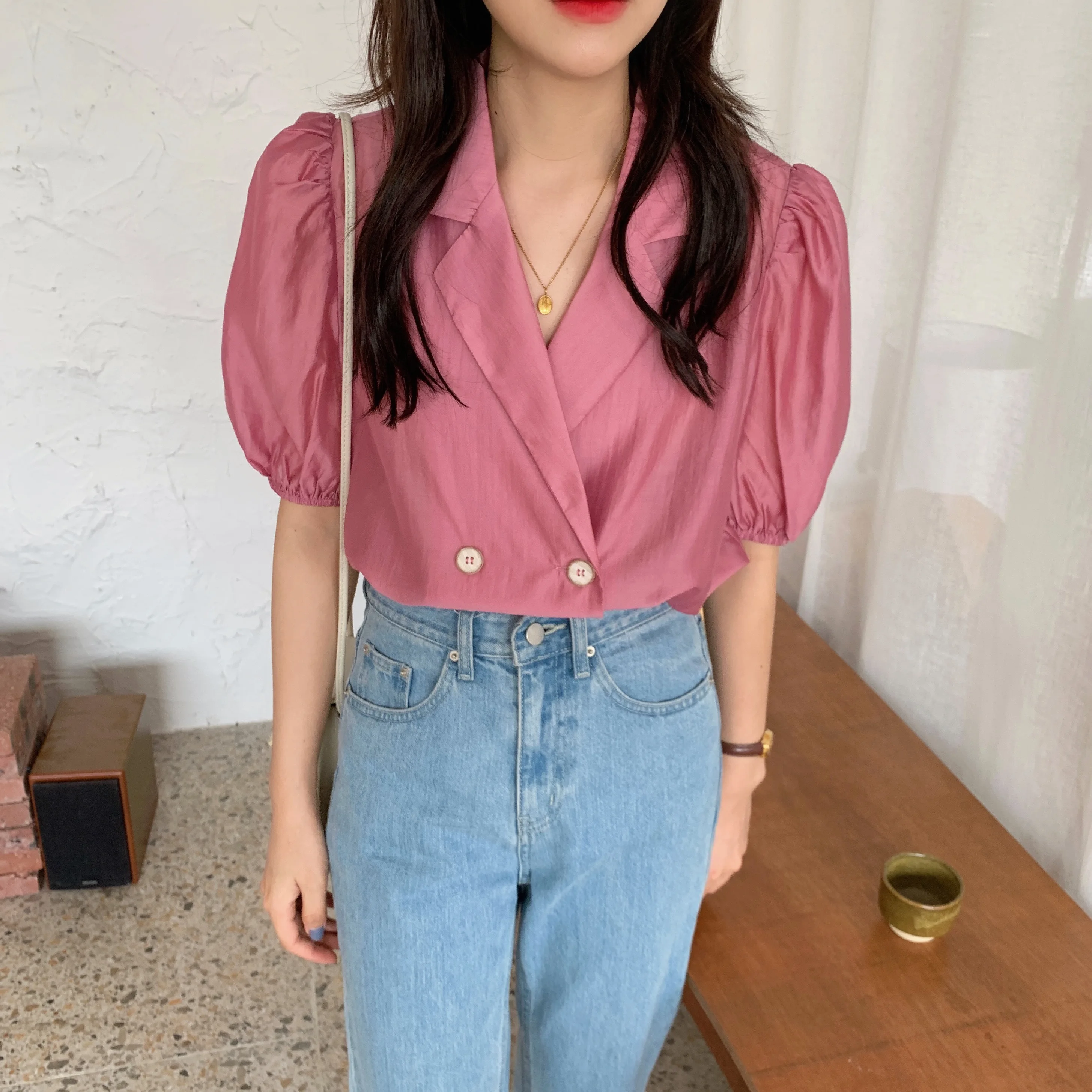 

HziriP Women Blouses 2021 OL Suit Collar Double Breasted Office Lady Tops Short Sleeve Woman Shirts Fashion Female Tops Blusas