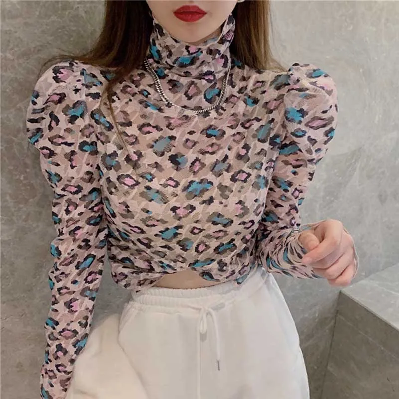 

2021 Summer Designer Women Leopard Print T Shirt Woman Turtle Neck Long Sleeve Top Women'S Underwear Clothing T Shirt