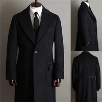 formal black men suits thick wool custom made men jacket windbreaker high quality tuxedos peaked lapel blazer business long coat