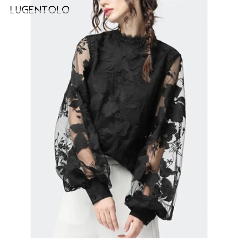 

Sexy Blouse Women Long Sleeve Lace Tops Embroidery O-neck Black Shirt Ladies Elegant Slim Mesh Summer Thin Shirts Lugentolo